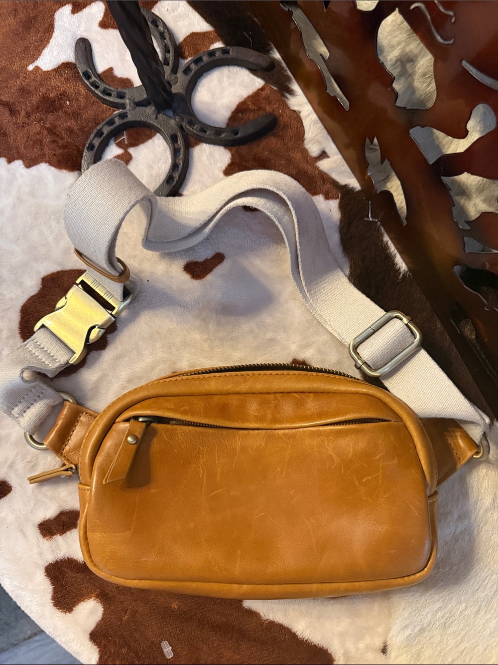 Leather Belt Bag in Tan with Contrast Strap